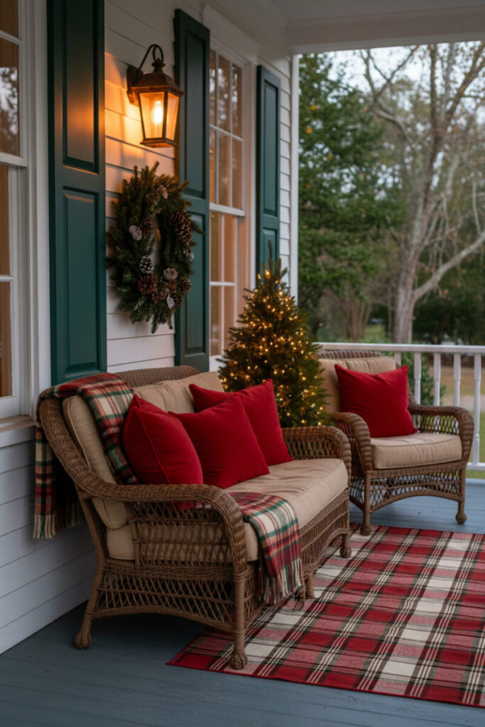 Wicker sofa with plaid throws and red pillows under warm lantern light, cozy budget-friendly Christmas front porch ideas.