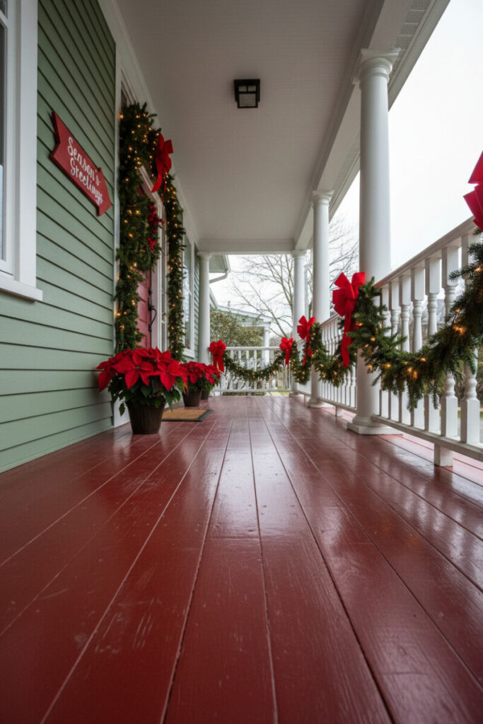 Red painted wooden “Season’s Greetings” sign beside garland and poinsettias, charming small porch Christmas decorating ideas.