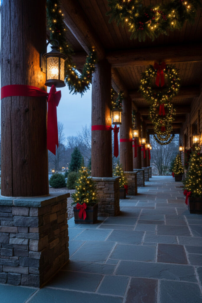 Timber columns tied with red ribbons and lit lanterns, rustic Christmas Front Porch Decorations.