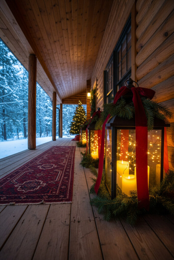 Trio of glass lanterns wrapped with greenery and ribbon glowing on wood floor, intimate holiday porch decor.