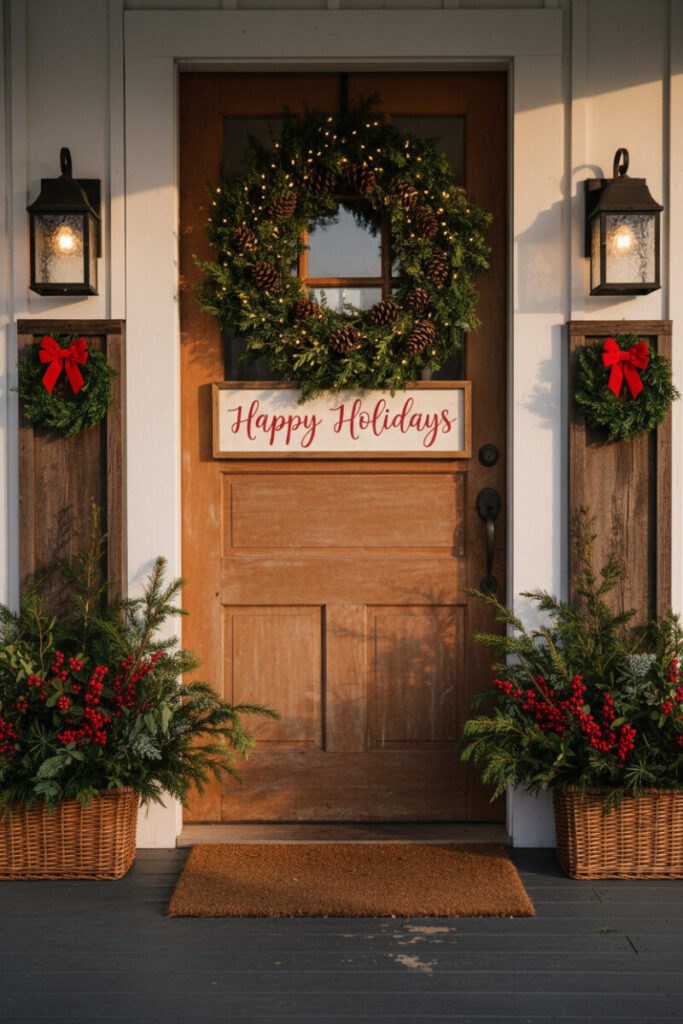 Rustic wooden “Happy Holidays” sign under wreath with berries and greenery, warm budget-friendly Christmas front porch ideas.