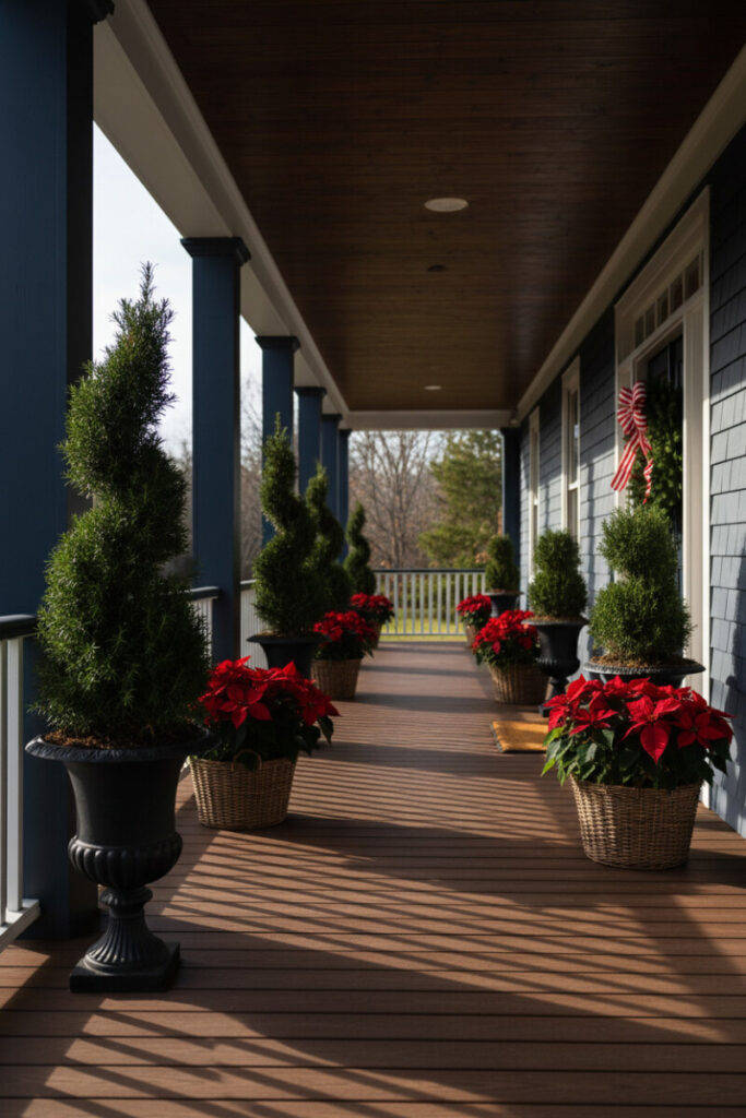 Seasonal planters with evergreens, rosemary, and poinsettias along deck, lush outdoor Christmas entryway.