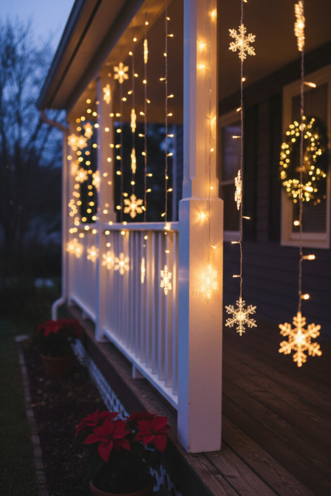 Vertical snowflake string lights along white railing glowing at twilight, dreamy holiday porch decor.