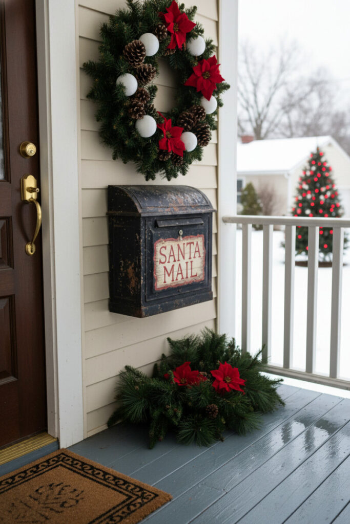 Vintage black mailbox labeled “Santa Mail” surrounded by greens and poinsettias, nostalgic Christmas Front Porch Decorations.