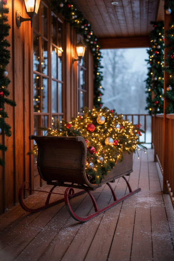 Antique wooden sled piled with garland and glowing lights inside rustic porch, cozy holiday porch decor.