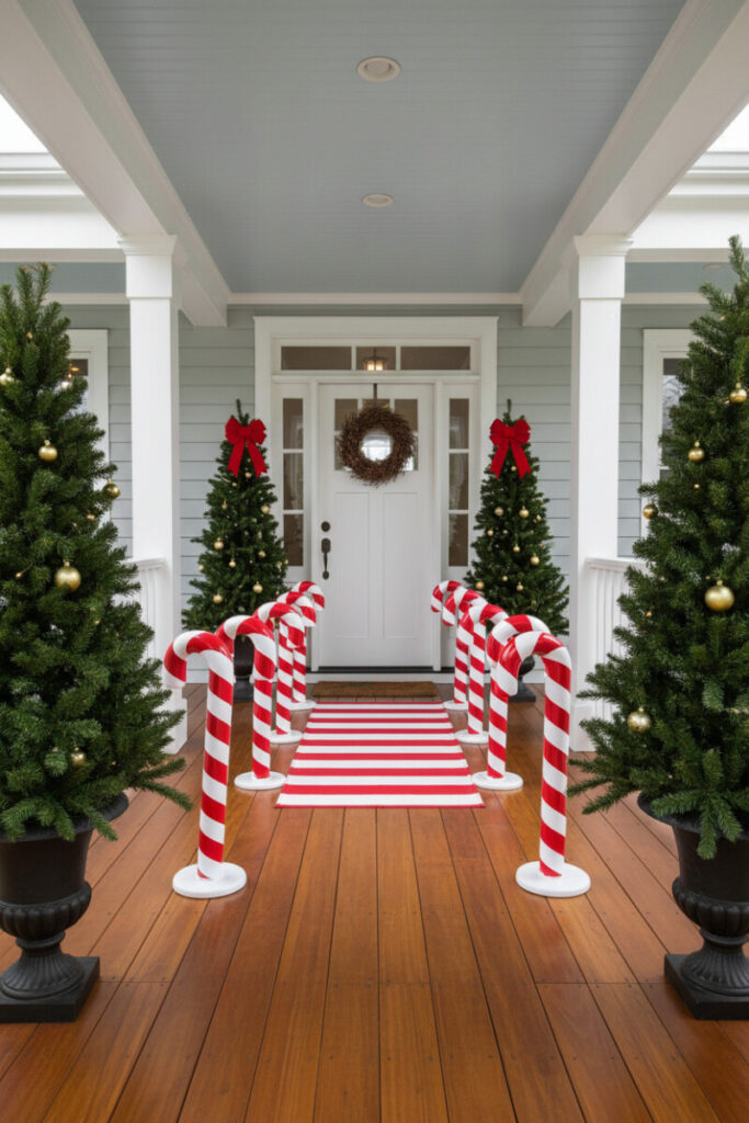 Red and white candy cane pathway leading to a decorated front door, cheerful outdoor Christmas entryway.