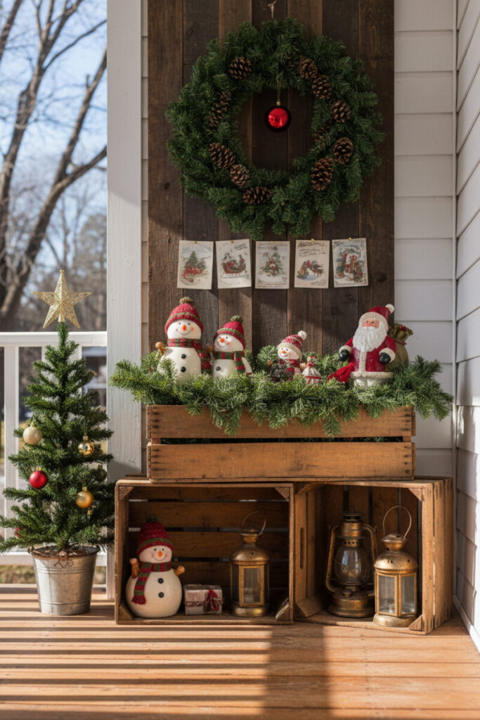 Wooden crate display with garland, snowmen, and lanterns in bright daylight, charming budget-friendly Christmas front porch ideas.