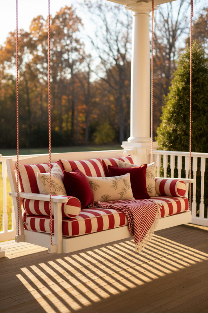 White porch swing with candy cane striped cushions and a cozy red blanket, charming small porch Christmas decorating ideas.