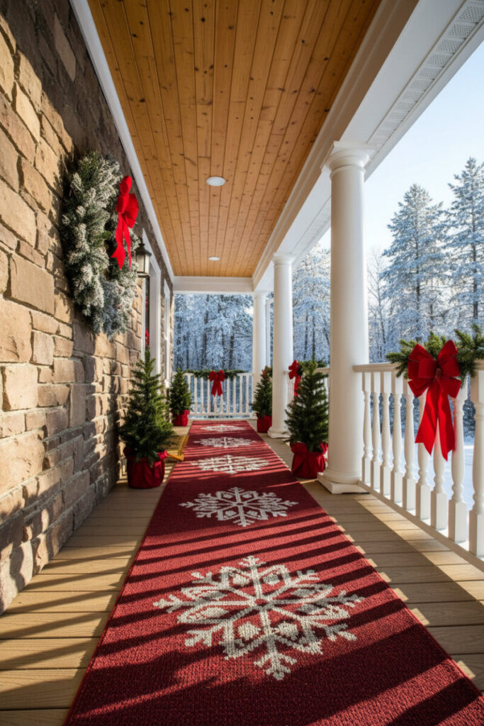 Christmas rug with white snowflakes and rows of mini trees in red planters, symmetrical Christmas Front Porch Decorations.