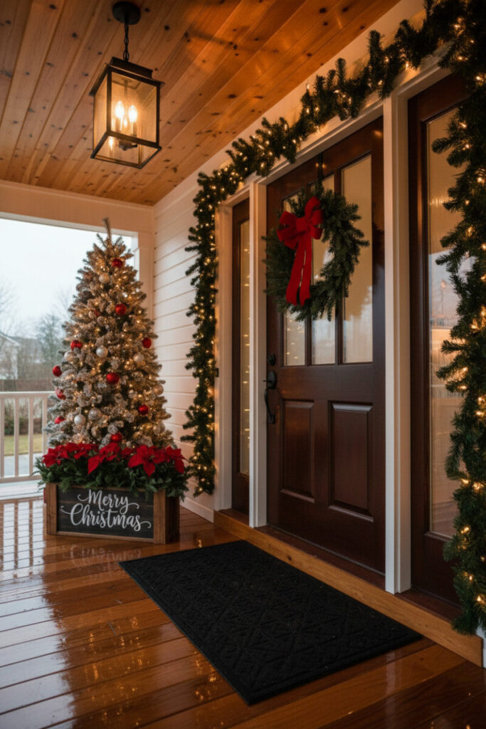 Rustic “Merry Christmas” welcome sign beside a flocked tree and poinsettias, simple holiday porch decor.