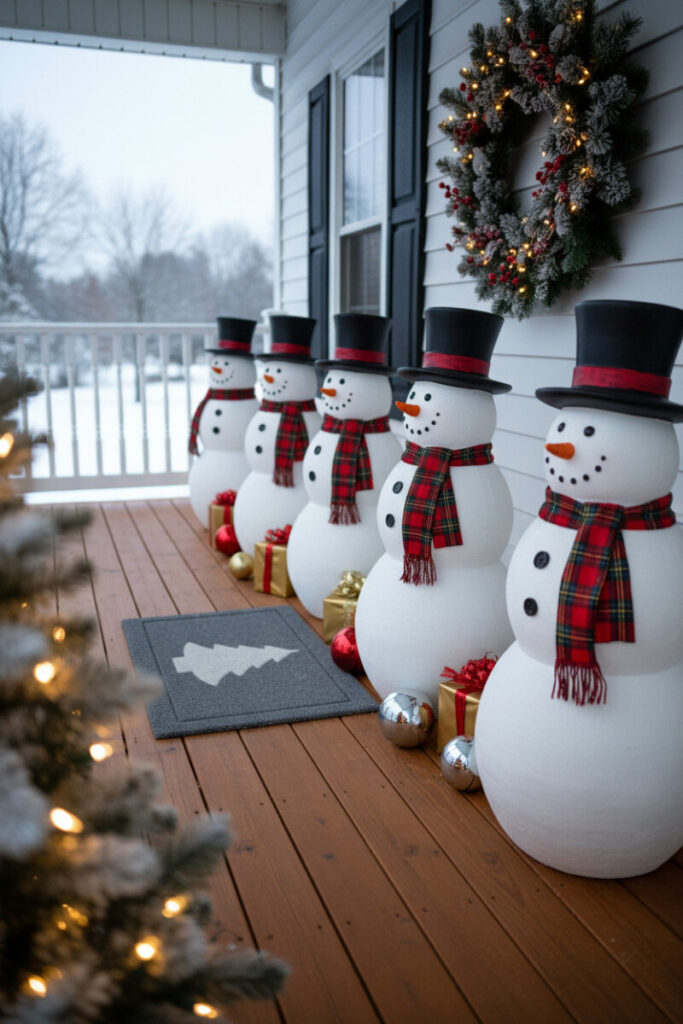 Line of dapper snowmen with plaid scarves and gift boxes on a wooden deck, fun outdoor Christmas entryway.