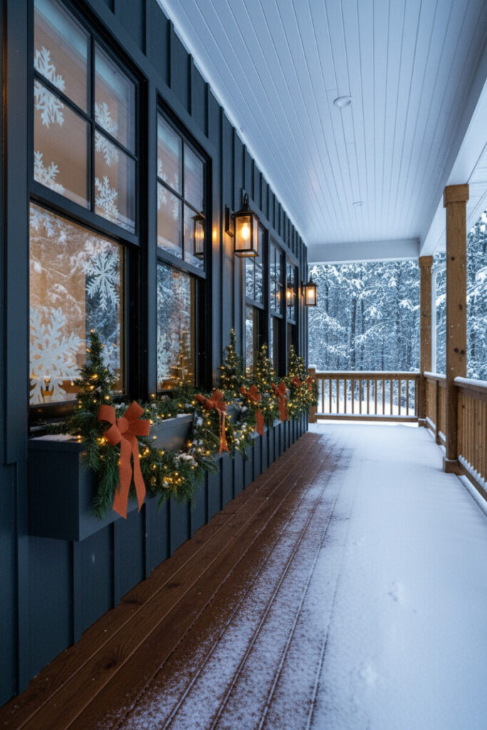 DIY snowflakes taped on windows with garland and orange bows, creative small porch Christmas decorating ideas.