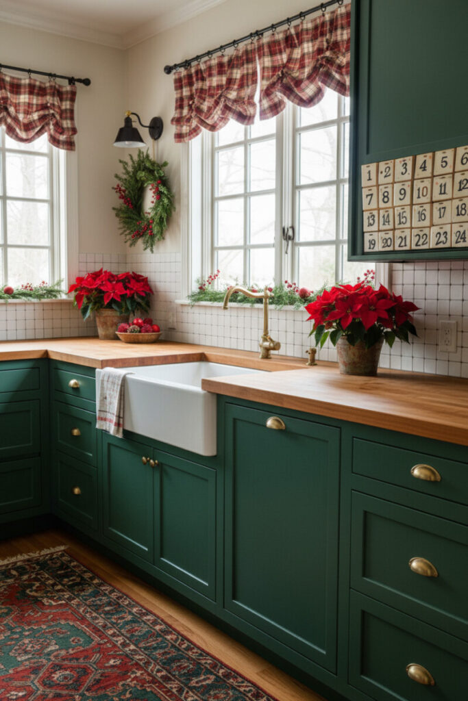 Advent calendar cabinet door tiles numbered 1–24 in a farmhouse Christmas kitchen with green lower cabinets and butcher block.