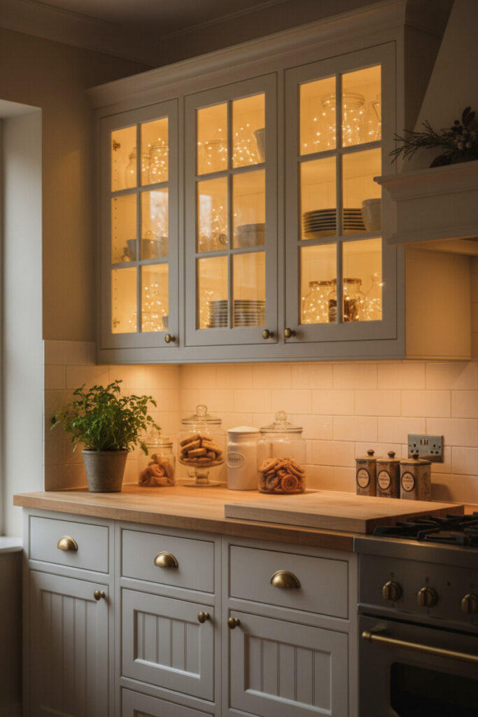 Glass-door uppers glowing with fairy lights around white dishes and butcher-block counters.