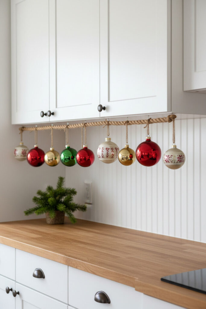 Jute rope garland of hanging vintage ornaments beneath white uppers over oak butcher block.