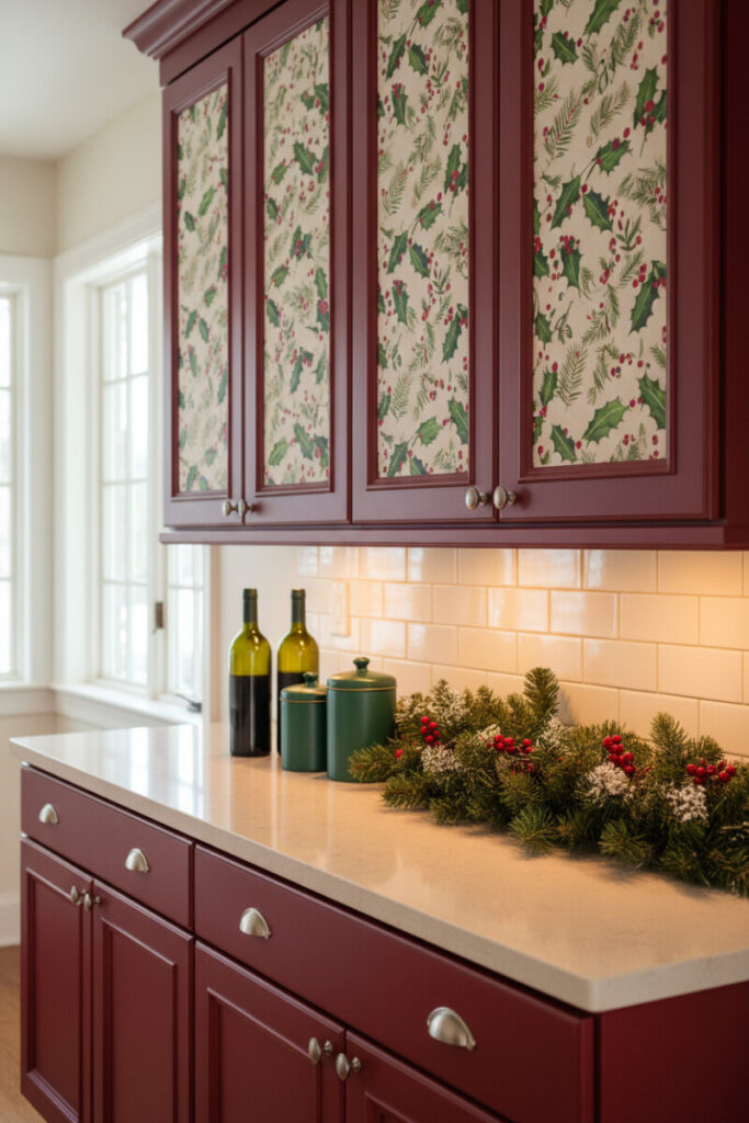 Cranberry red cabinetry with holiday cabinet inserts showing holly and berries, accented by green canisters.