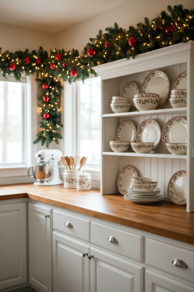 Hutch shelving stacked with holly-trimmed dinnerware, garland and lights framing a sunlit window.