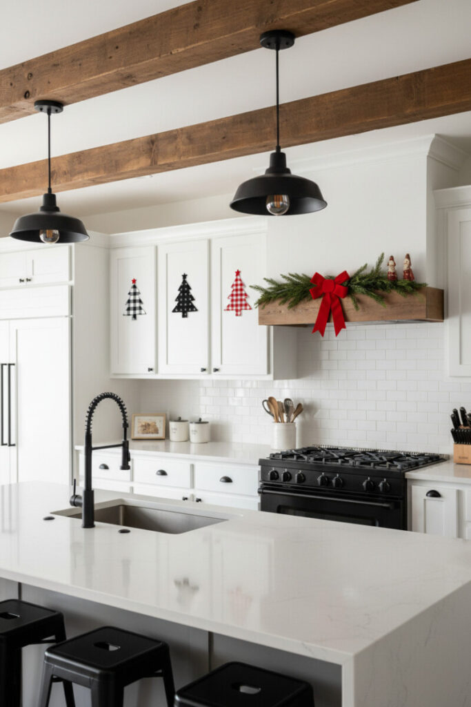White uppers decorated with bold holiday tree magnets under rustic beams and Edison pendants.