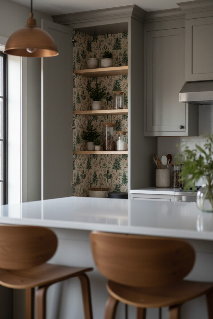 Partially open greige cabinet lined with forest pine patterned shelf liner and tiny evergreens.