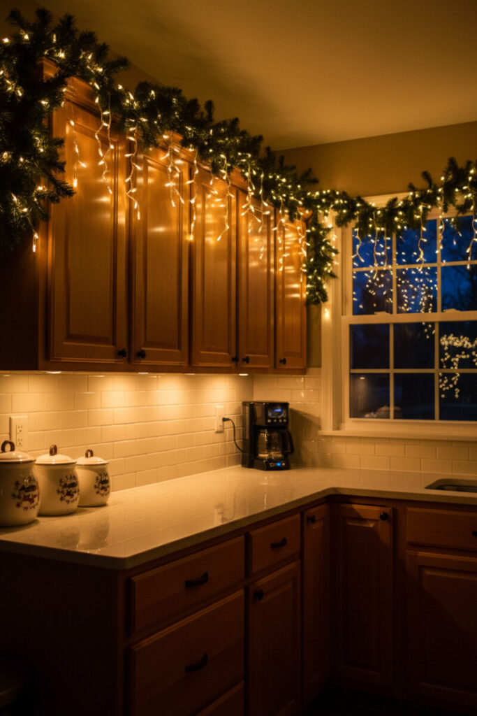 Honey-brown wood cabinets draped with cascading amber icicle lights and warm backsplash glow.