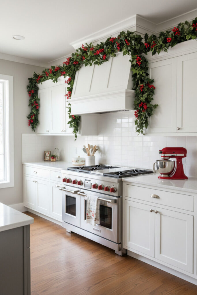 Range wall with lush holly & ivy garland over white shaker cabinets and stainless range—Christmas Kitchen Cabinet Decor Ideas highlight.