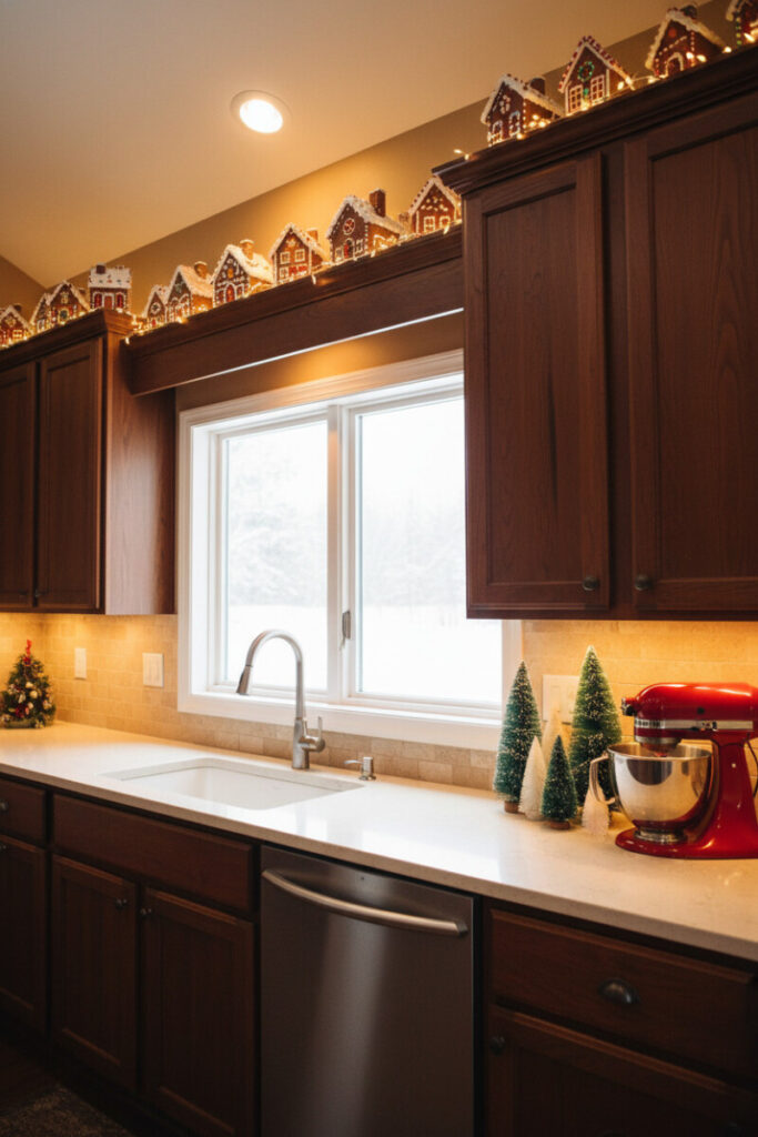 Mahogany kitchen with a row of mini gingerbread house façades glowing atop the cabinets.