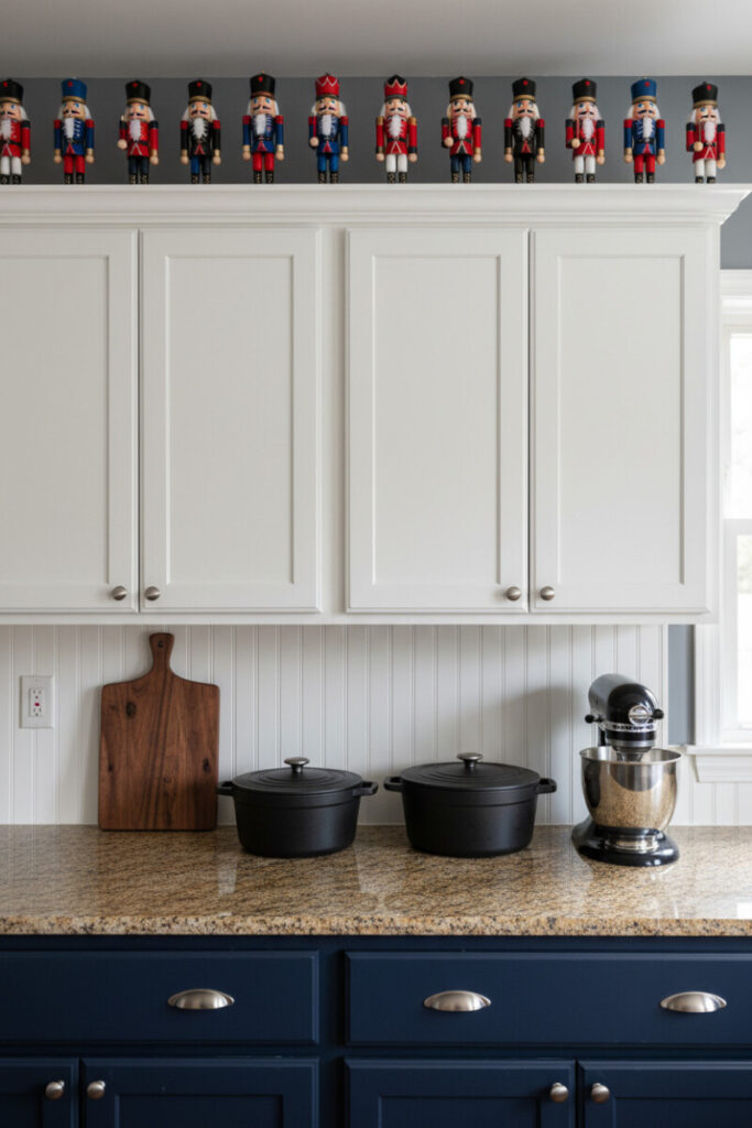 Straight-on view of white uppers topped with a colorful nutcracker shelf lineup above navy lowers.