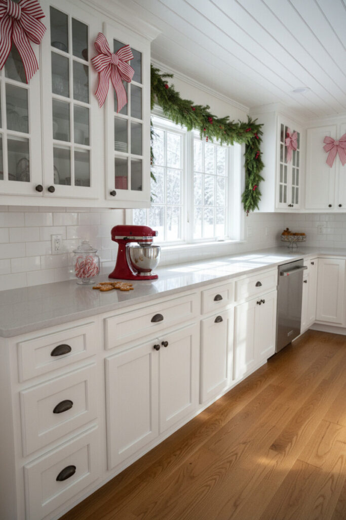 White glass-front uppers trimmed with oversized candy striped bows and snowy window light.