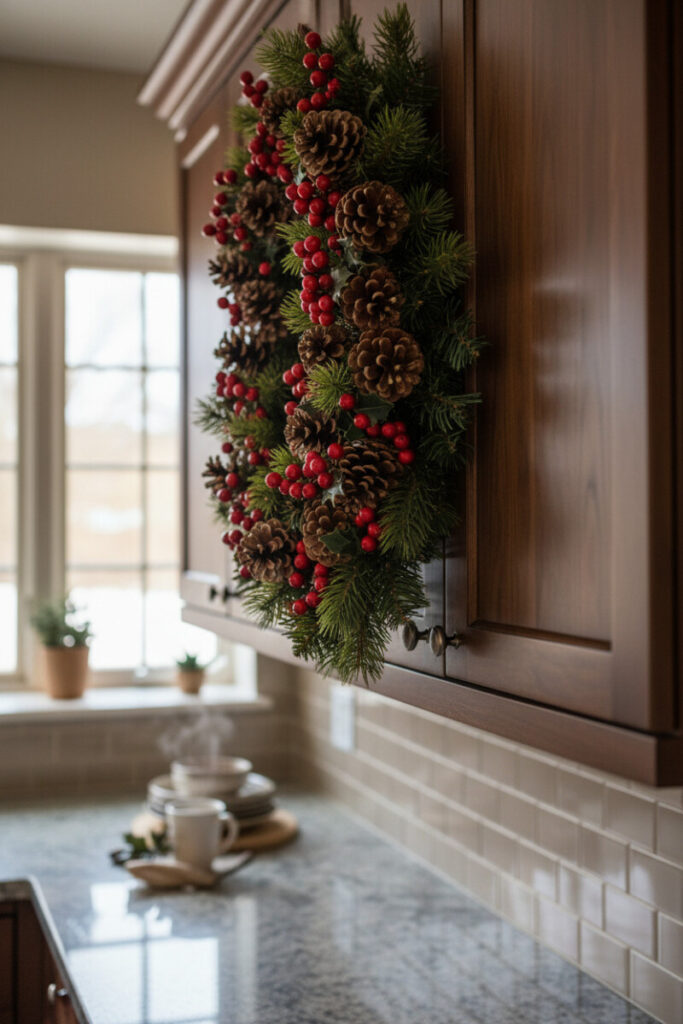 Vertical pinecone and red berry swag draped down dark walnut cabinet stile with taupe tile backsplash.
