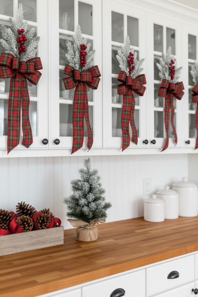 Glass-front white cabinets dressed with plaid bow accents and mini flocked sprays over butcher block.