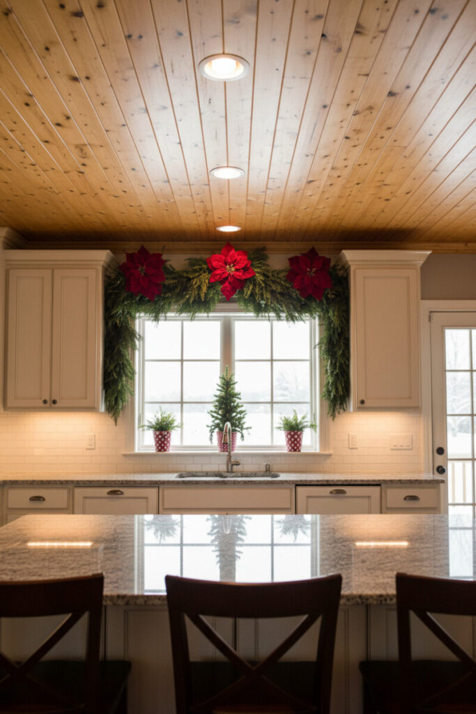 Evergreen garland layered with oversized red velvet poinsettias above a sink window and granite island.