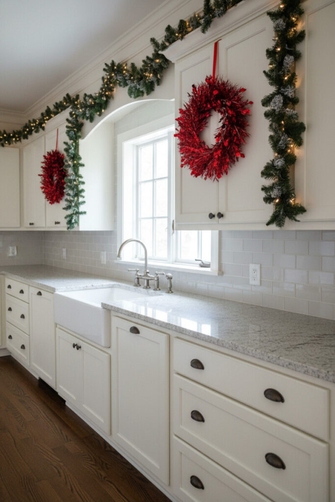Off-white uppers with two metallic red tinsel wreaths and snowy garland along the ceiling—festive kitchen decor sparkle.