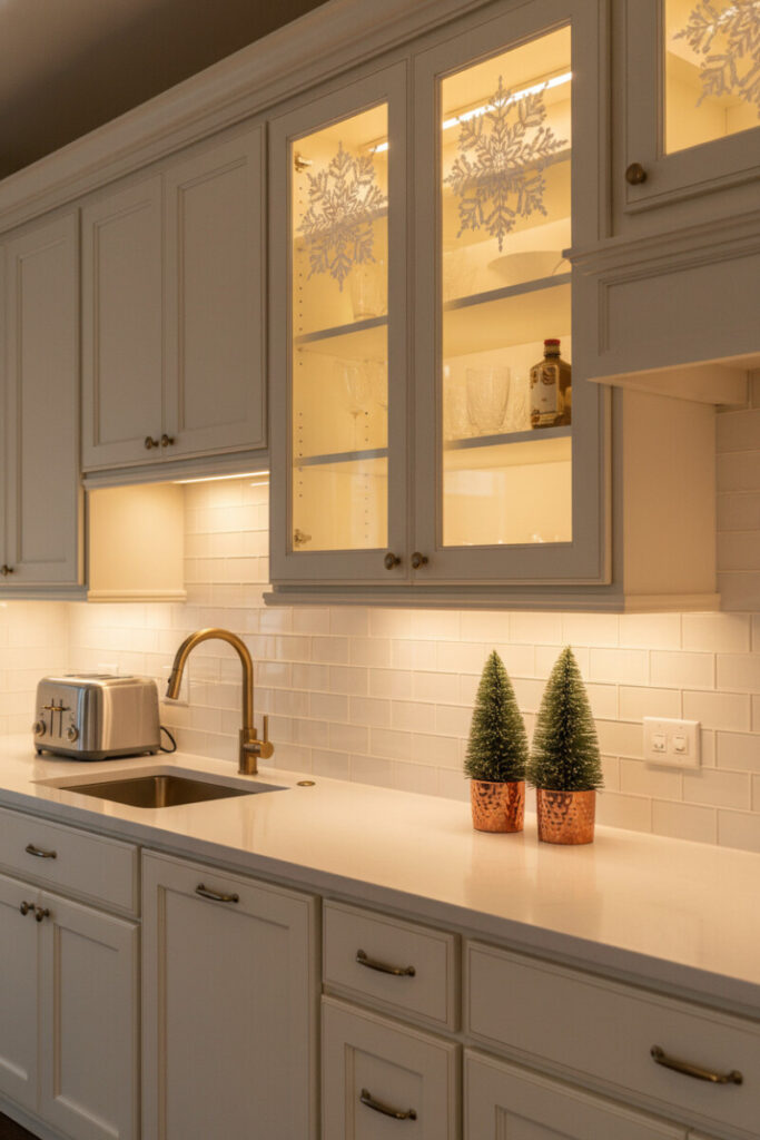 Glass cabinet doors with large white snowflake decals glowing from interior lights and copper planters—Christmas Kitchen Cabinet Decor Ideas in a modern setting.