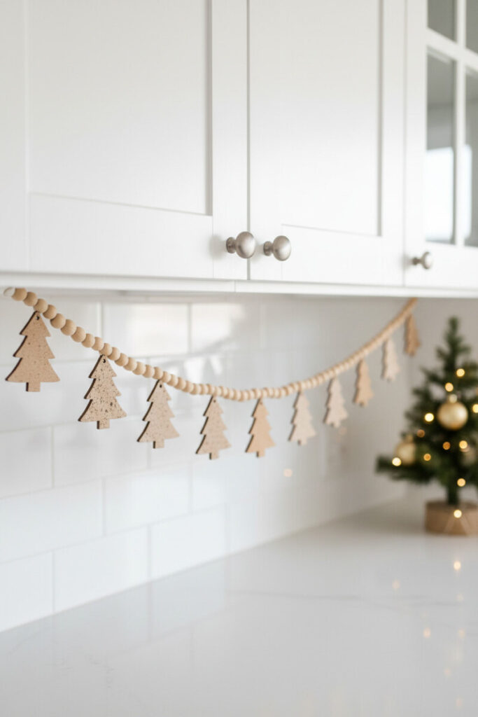 Minimalist tree cutout garland with wooden beads hanging under bright white uppers, a clean DIY Christmas cabinet decorations ideas look.