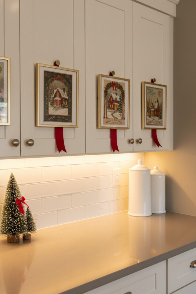 Vintage Christmas postcards clipped to cabinet faces with crimson ribbons over a glossy taupe quartz counter.