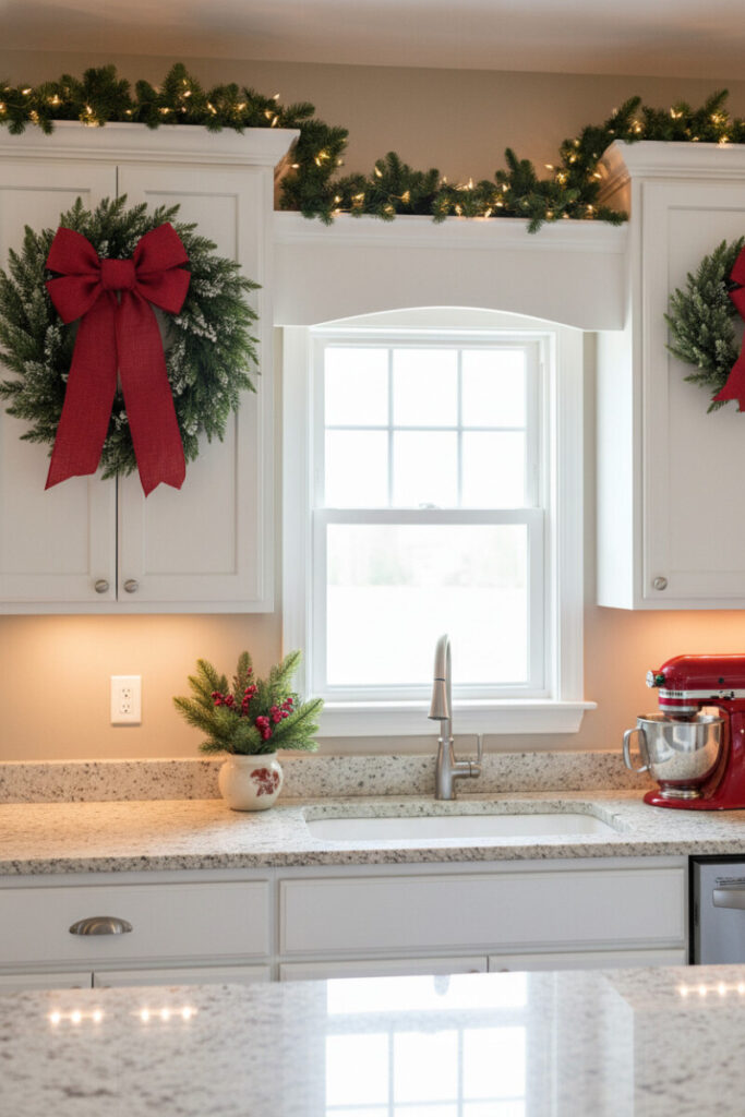 White shaker cabinets with a large flocked wreath and mini companion wreath on doors, twinkle-lit garland above—farmhouse Christmas kitchen inspiration and how to decorate kitchen cabinets for Christmas.
