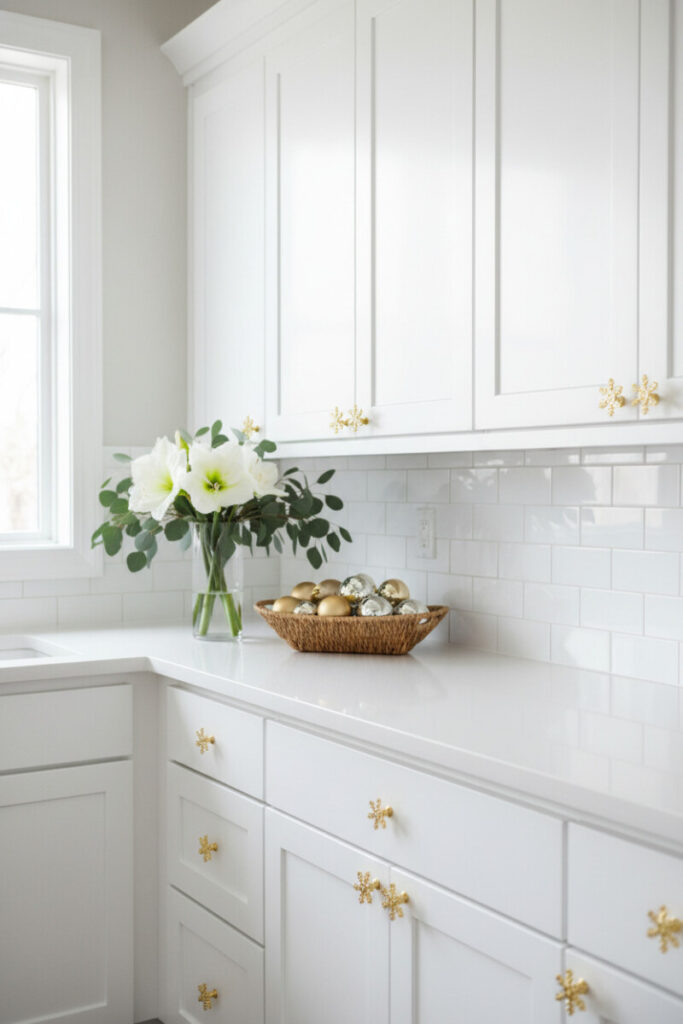 Glossy white cabinets with ornate gold snowflake cabinet knobs and a bouquet on the counter.