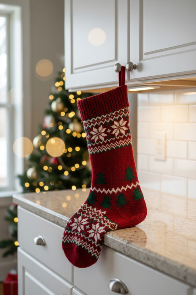 Red knit Christmas stocking hanging from white shaker cabinet knob with bokeh tree lights in background.