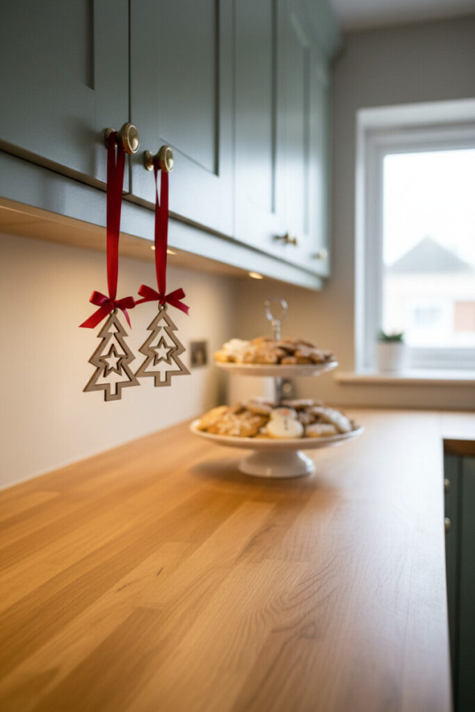 Miniature bottle-brush Christmas tree vignette by a deep farmhouse sink and brass pulls.