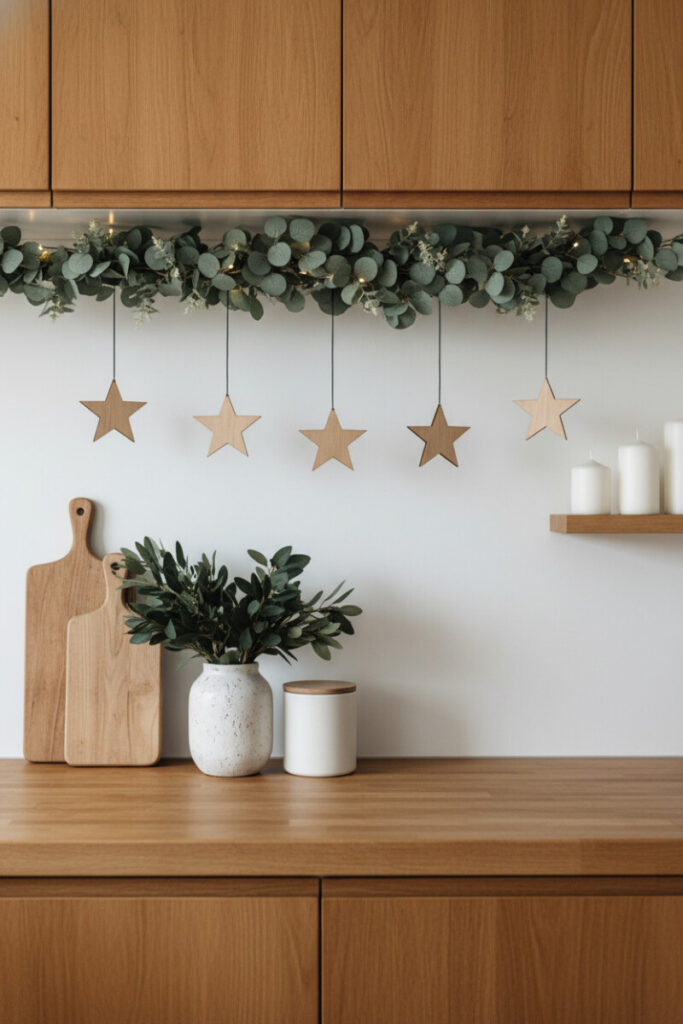 Scandinavian eucalyptus garland with wooden star ornaments under warm wood uppers, minimalist festive kitchen decor.