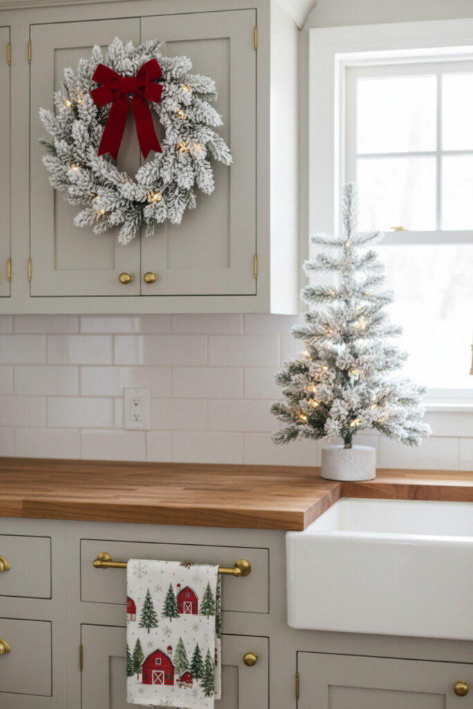 Greige shaker cabinets with a tiny wreath and a holiday tea towel printed with barns and pine trees.