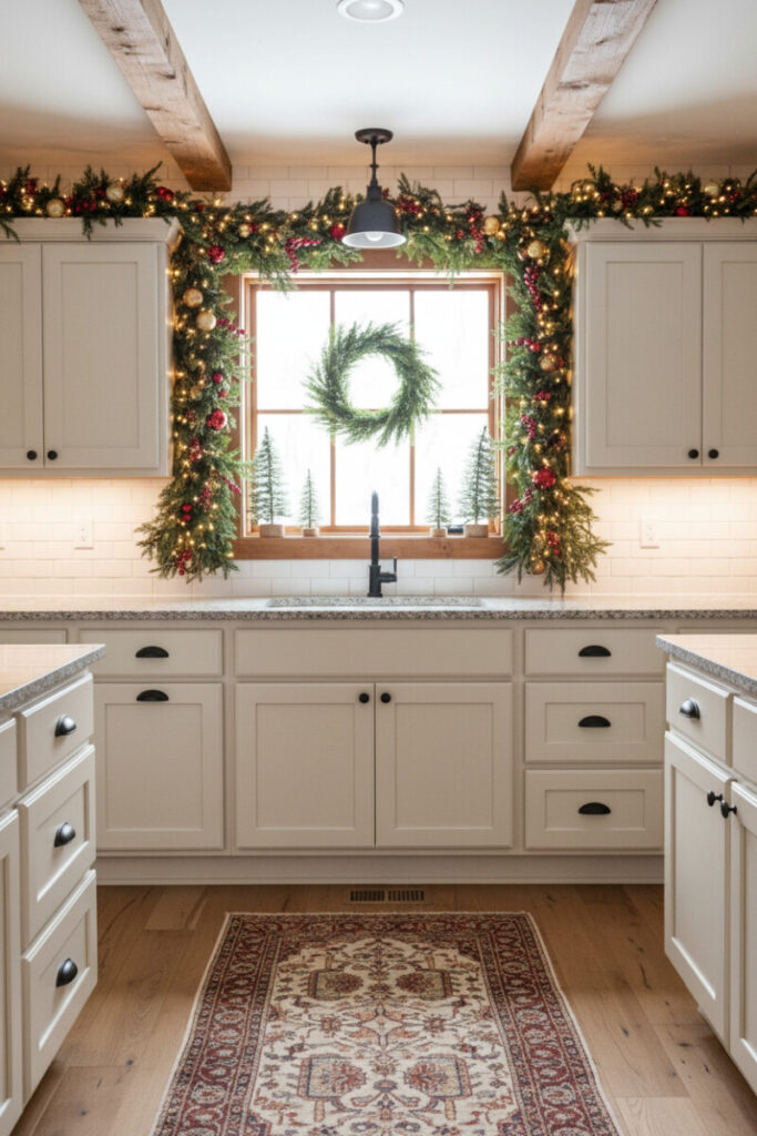 Cream shaker cabinets crowned with lit evergreen garland and berries above a central window—classic farmhouse Christmas kitchen.