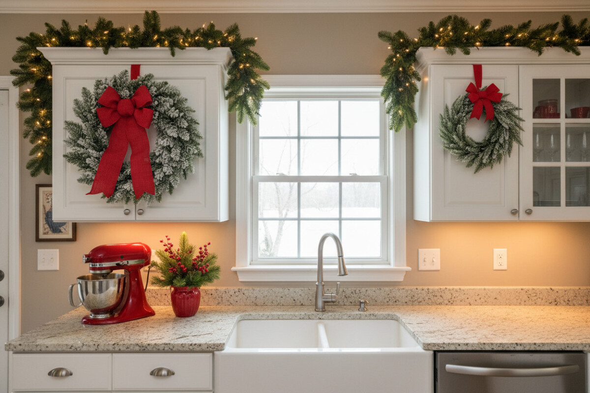 White shaker cabinets with a large flocked wreath and mini companion wreath on doors, twinkle-lit garland above—farmhouse Christmas kitchen inspiration and how to decorate kitchen cabinets for Christmas.