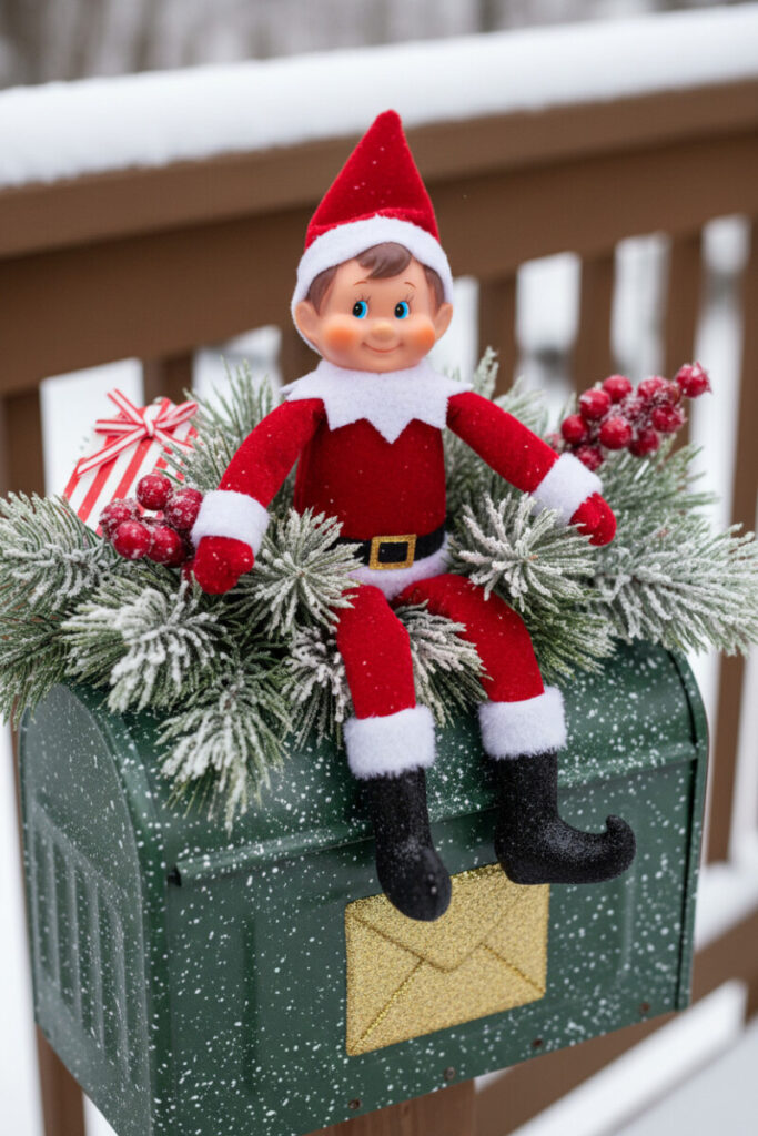Friendly elf figurine perched on a dark green mailbox with frosted evergreens, red berries, and gold envelope accent—whimsical Christmas Mailbox Decorations for holiday curb appeal.