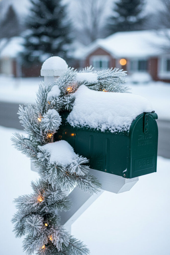 Heavily frosted pine branches and warm LED lights cascading over a snow-blanketed hunter-green mailbox, glowing holiday curb appeal.