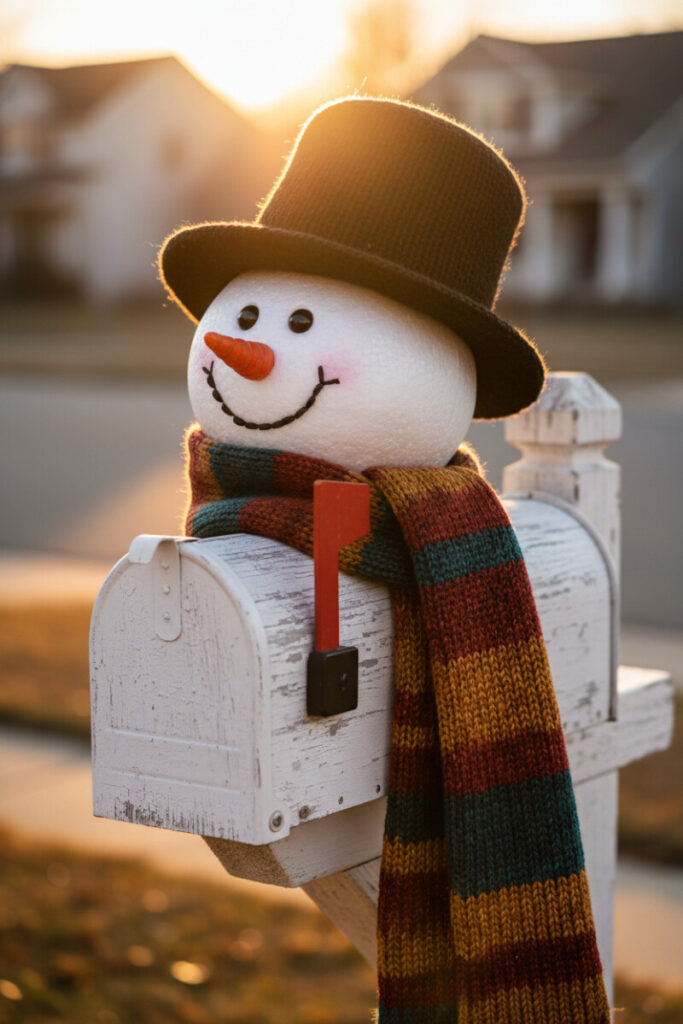 Frosty the Snowman head with knit hat and multicolor scarf resting on a weathered white mailbox at golden hour, playful outdoor Christmas decor.