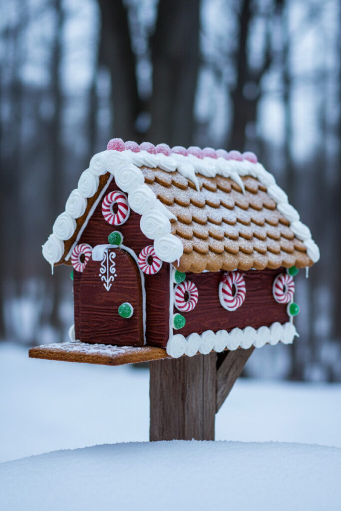 Gingerbread-house mailbox with piped icing, peppermint rings, and powdered-sugar roof, irresistibly creative mailbox decor for Christmas.