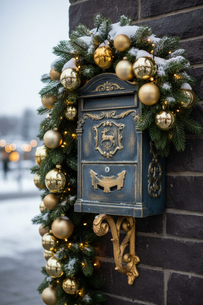 Slate blue-black cast-iron mailbox with brushed gold filigree, snowy garland, and warm micro-lights, luxe Christmas Mailbox Decorations.