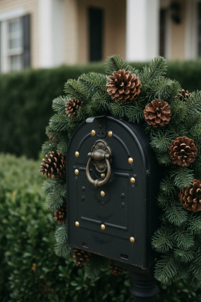 Matte charcoal mailbox wrapped in thick spruce garland studded with large pinecones, natural outdoor Christmas decor.