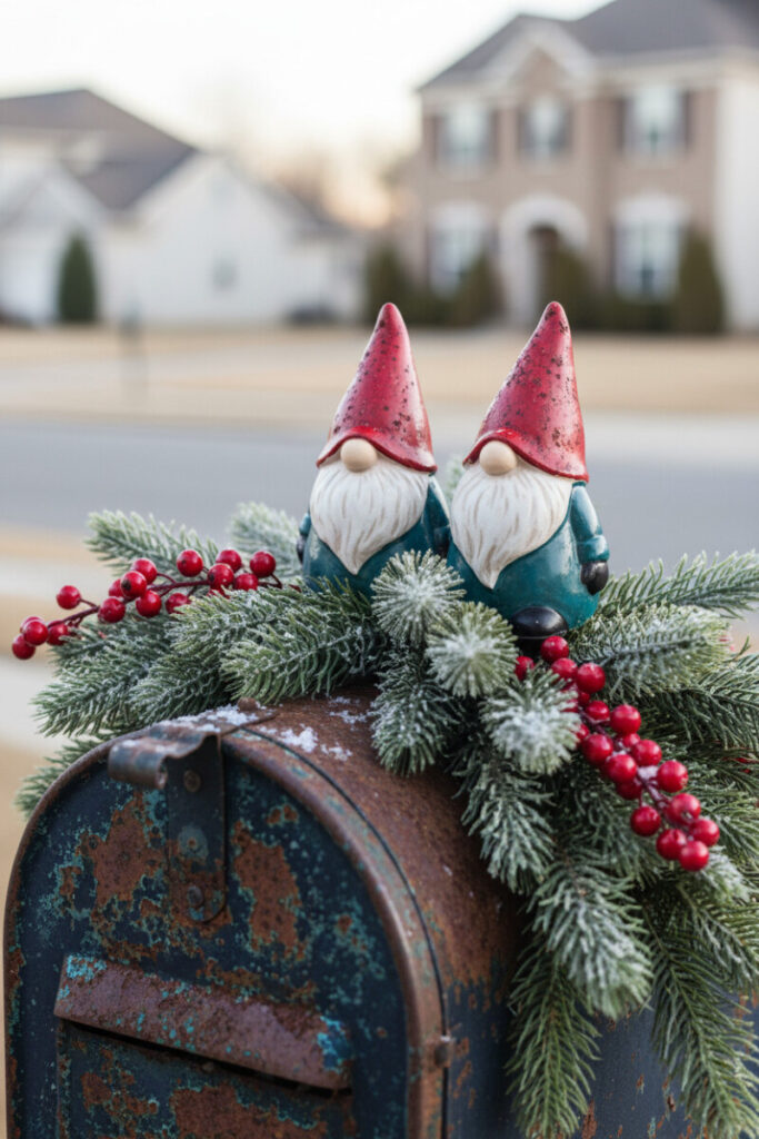 Patinaed mailbox with frosted evergreens, red berries, and two ceramic gnomes, charming DIY Christmas mailbox decorations.